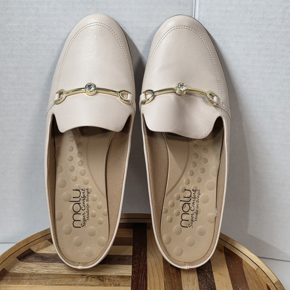 Malo Brazil Size 9 Nude Leather Slides Gold detail Slides Slip On Comfort